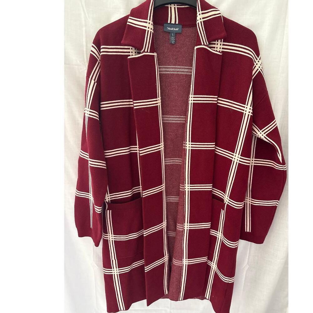 Modcloth Burgundy Cream Plaid Heavy Open Front Cardigan Sweater Large